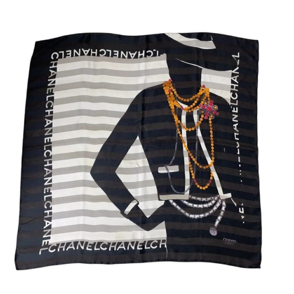 Chanel 80s Jewelry Madame Coco Black and Ecru Square Silk Scarf W/Box
